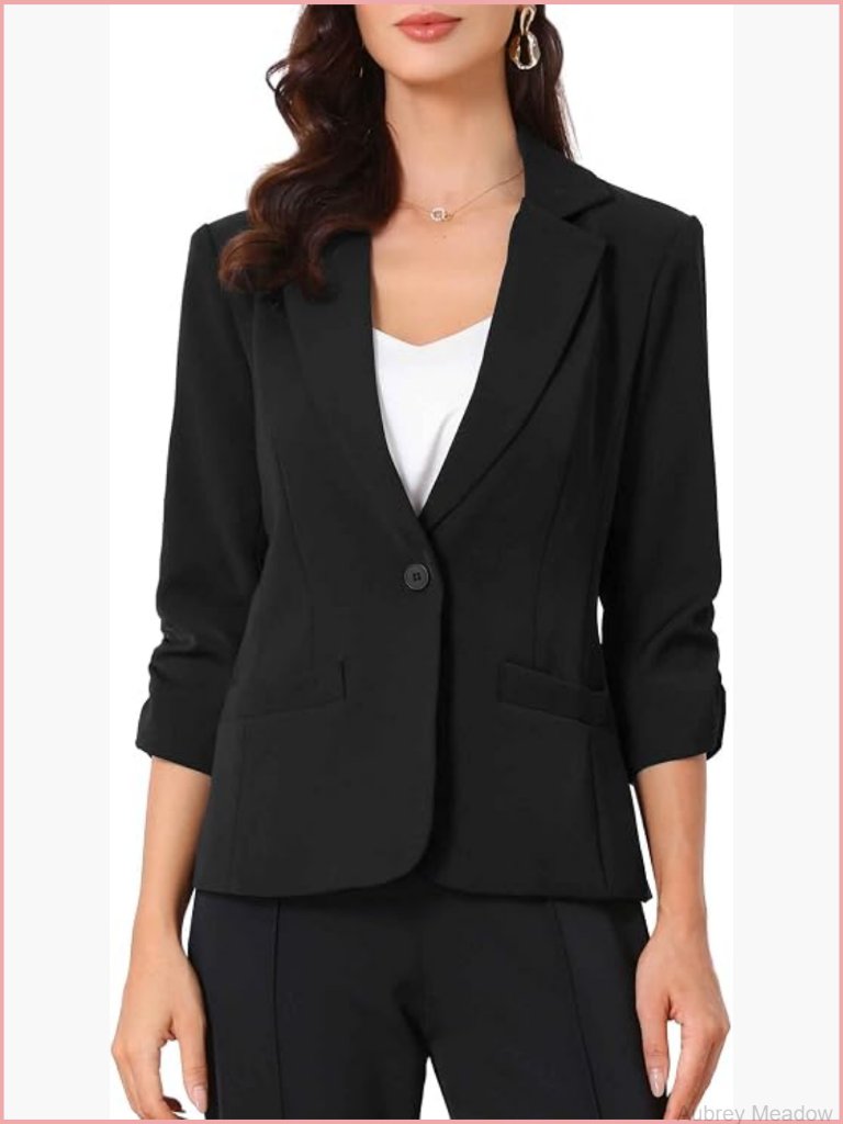 Womens Business Casual 3/4 Ruched Sleeve Notched Lapel Suit Jacket